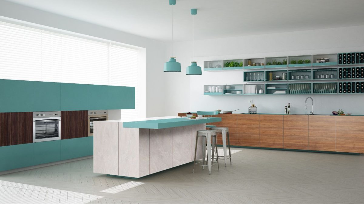Modern kitchen with high-gloss laminate cabinets by Greenlam Industries