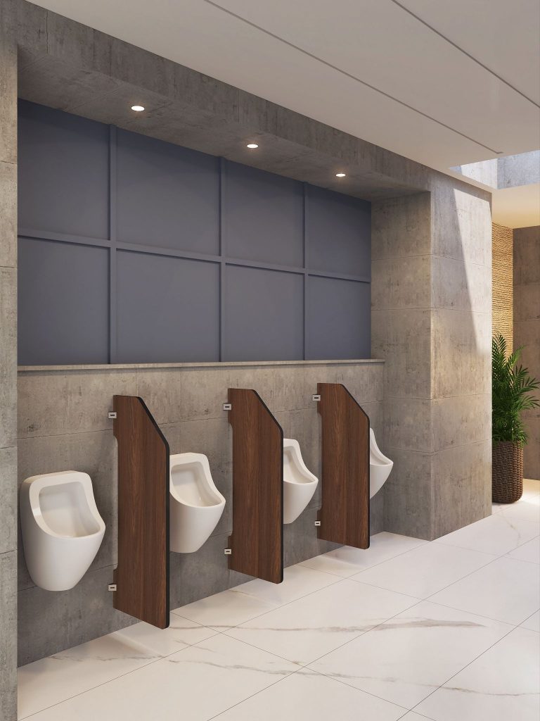 Greenlam Industries's Altura urinal partitions in a modern public restroom.