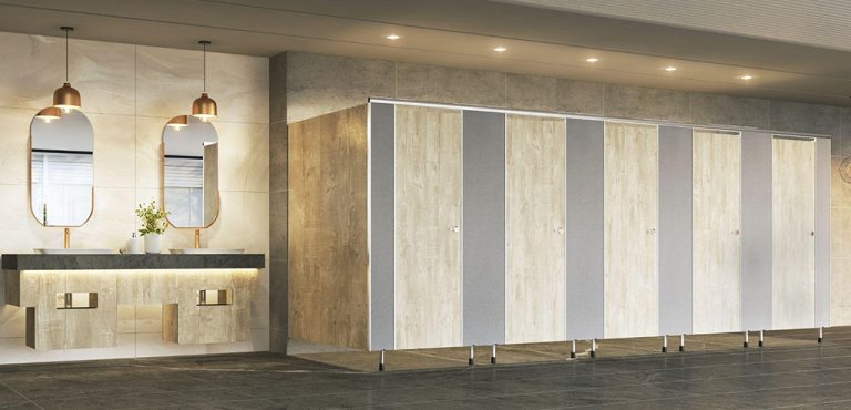 Luxury public restroom with HPL toilet cubicles by Greenlam Industries